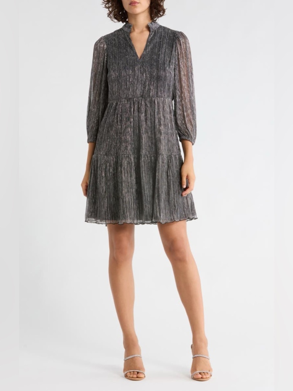 Vince Camuto Novelty Ruffle Neck Long Sleeve Trapeze Dress Silver Metallic